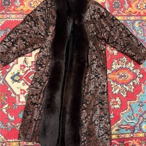Long black brown coat with fox fur trim